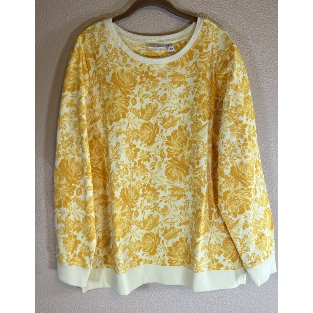 Style and Co Plus 1X Yellow Floral Print Crew Neck Sweatshirt